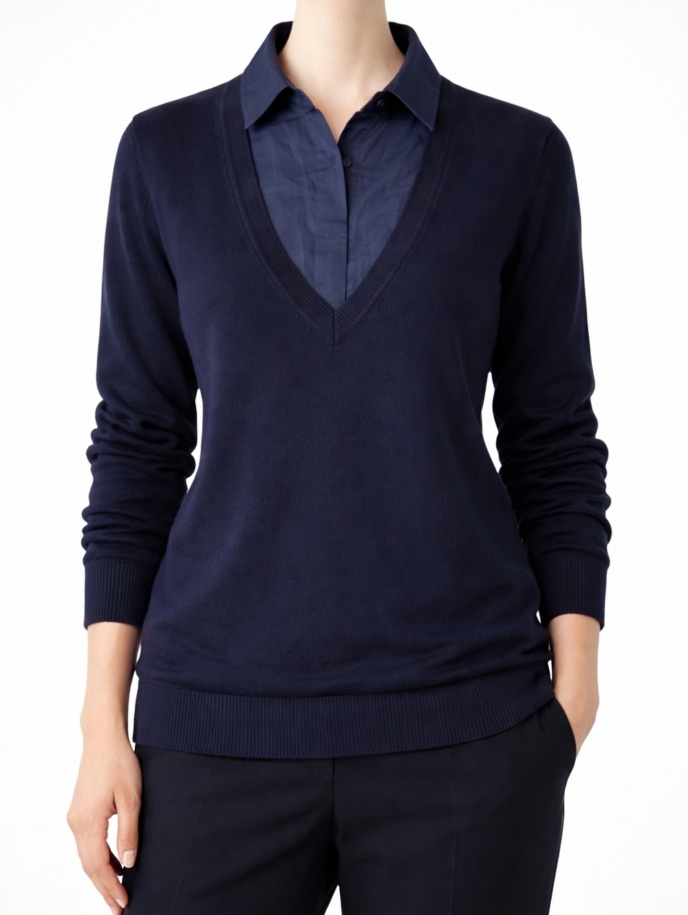 Club Monaco Wool Blend Layered V Neck Sweater Shirt Navy Blue Size M NWT